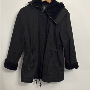 Black Hooded Jacket with Faux Fur Trim